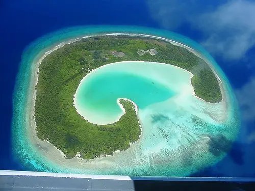 Aerial view of a small lagoon island near Gemanafushi